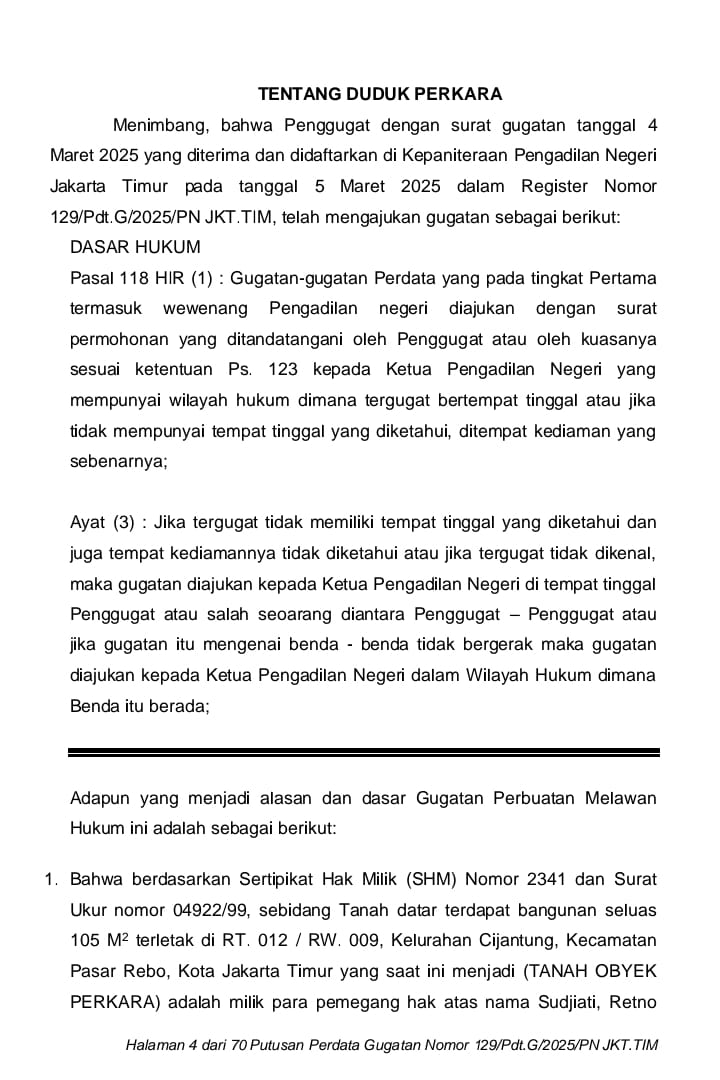 Ahli Waris Gugat Penguasaan Tanah di Jakarta Timur, Mengaku Diusir dari Rumah Warisan Sendiri